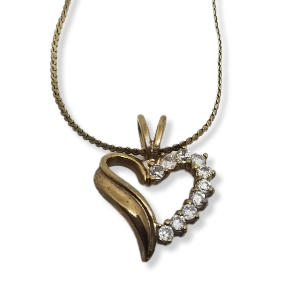 VINTAGE GOLDPLATE BRASS OPEN HEART CRYSTAL PENDANT ON SERPENTINE CHAIN NECKLACE - Picture 4 of 8